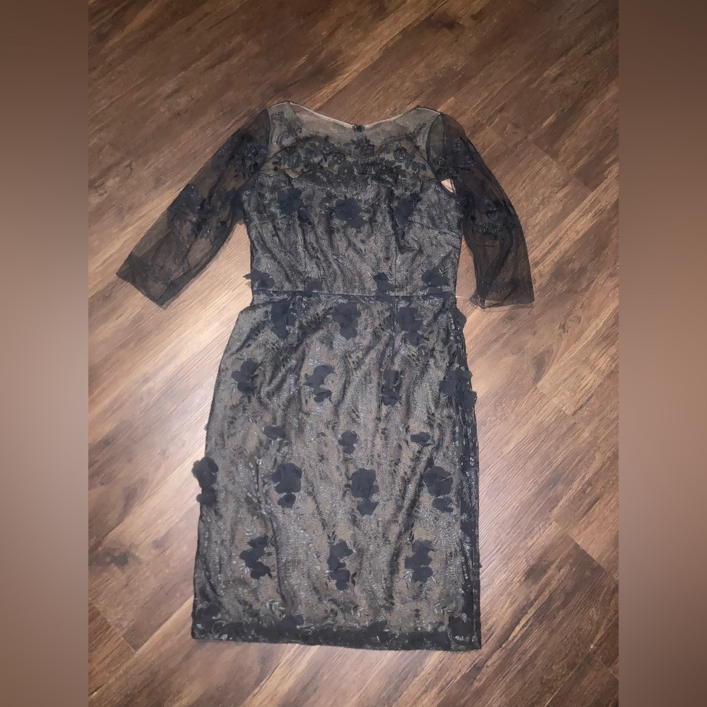 David Meister Black Sheer Floral Lace Long-Sleeve dress  size 12
